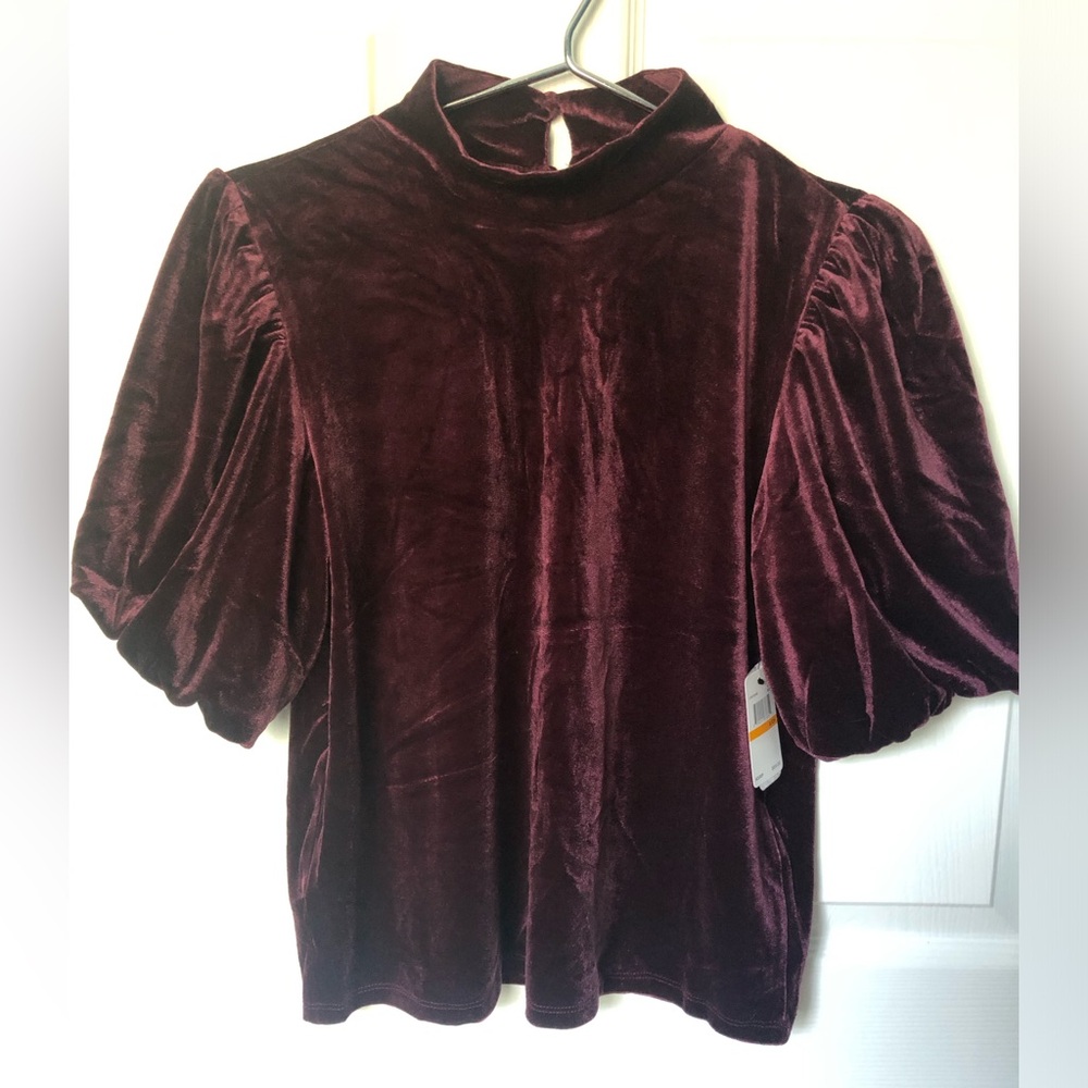 Laundry by Shelli Segal Velour Mock Neck Balloon Sleeve Burgundy Blouse Size S